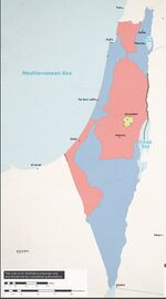 Map of the Levantine Commune's federal divisions, red is the Palestinian Commune, blue is the Israeli Commune, yellow is the Jerusalem Special Administrative Zone.