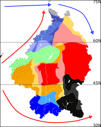 A climate map of Kento according to the Koeppen classification system. Areas with solid or dotted black are partially or wholly acidic and unsuitable for long-term human or sunoman habitation.