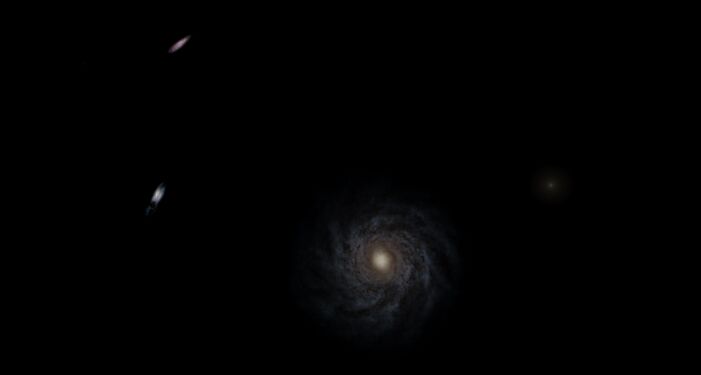 Space Engine. Dwarf Sculptor in its neighbourhood (small dot on the right from the Milky Way), on the left, two Magellanic Clouds are visible.